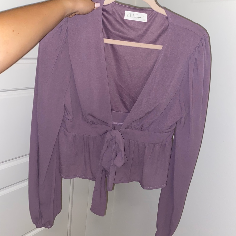 Purple Long Sleeve Front Tie Blouse